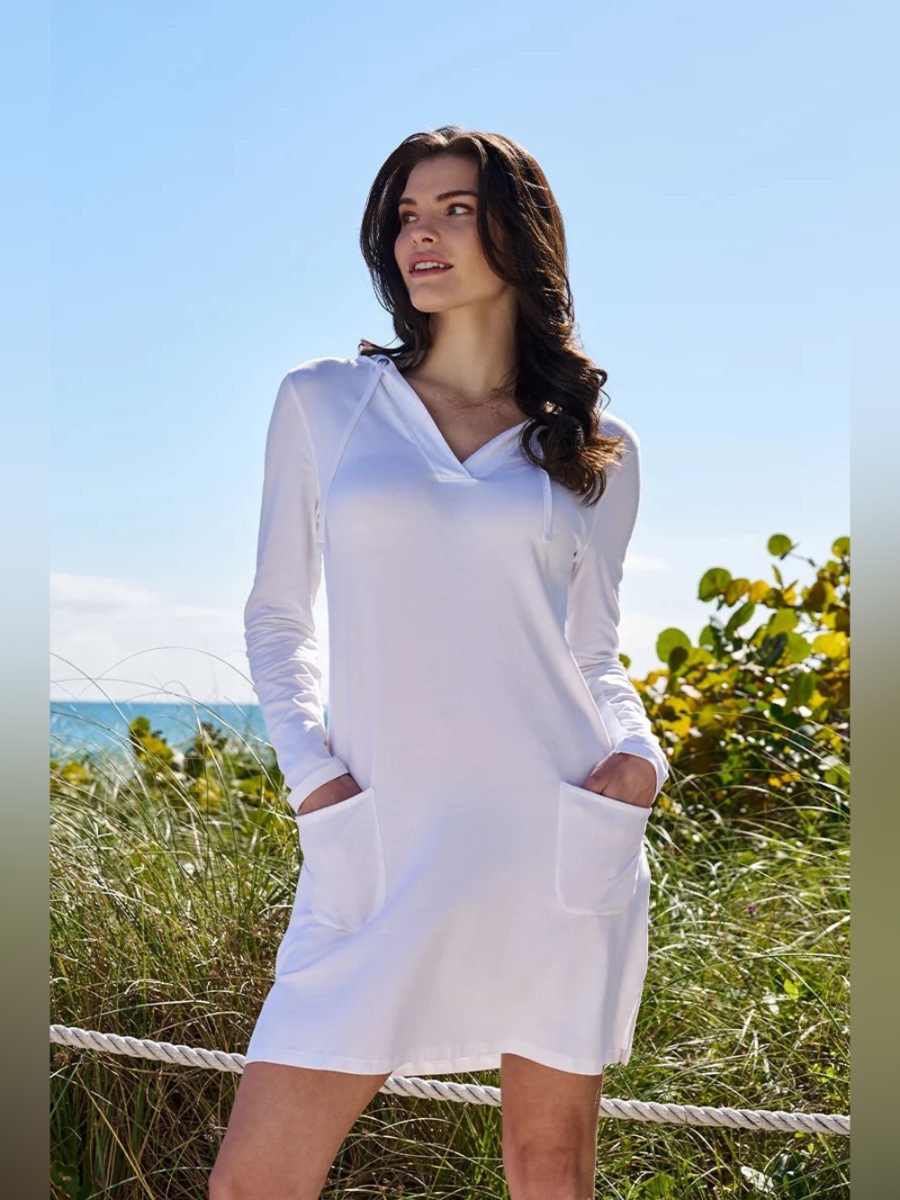 COOLIBAR Women's L Catalina Beach Cover-Up Dress White UPF 50+ Hooded Pockets V